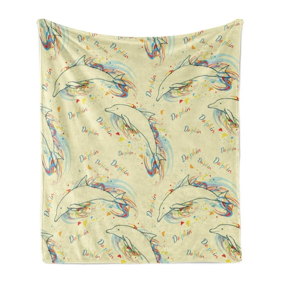 Sea Animals Soft Flannel Fleece Blanket, Sketch of Dolphins with Colorful Butterfly Ornamentals Ocean Life Illustration, Cozy Plush for Indoor and Outdoor Use, 60" x 80", Multicolor, by Ambesonne