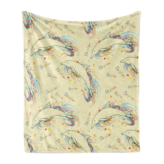 Sea Animals Soft Flannel Fleece Blanket, Sketch of Dolphins with Colorful Butterfly Ornamentals Ocean Life Illustration, Cozy Plush for Indoor and Outdoor Use, 70" x 90", Multicolor, by Ambesonne