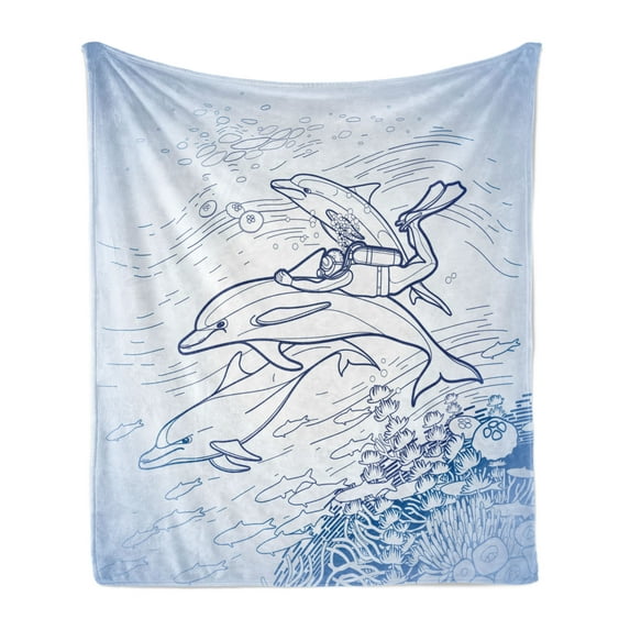Sea Animals Soft Flannel Fleece Blanket, Sketch of Scuba Diver Holding Fin of Dolphin over Coral Reefs Fish Underwater, Cozy Plush for Indoor and Outdoor Use, 70" x 90", Multicolor, by Ambesonne