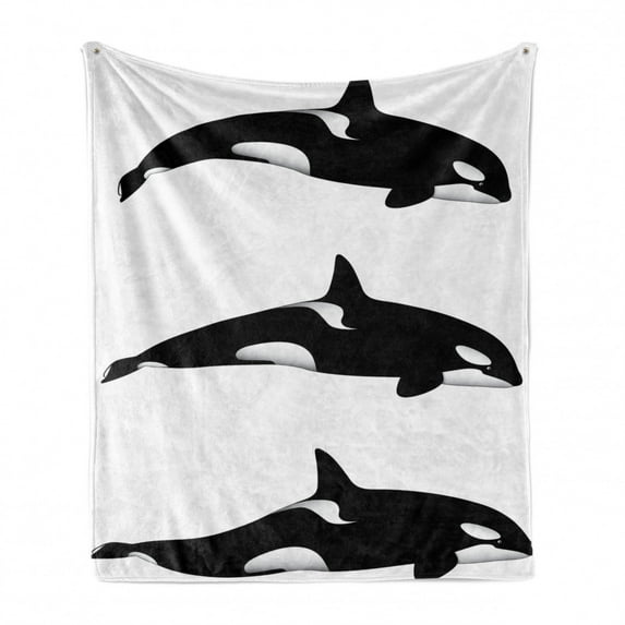 Sea Animals Soft Flannel Fleece Throw Blanket, 3 Orca Killer Whales in Different Illustration Black and White Style, Cozy Plush for Indoor and Outdoor Use, 50" x 70", Black and White, by Ambesonne