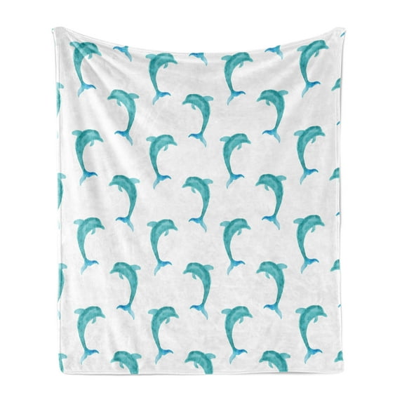 Sea Animals Soft Flannel Fleece Throw Blanket, Aqua Watercolor Artwork Dolphin Ocean Playful Marine Underwater Theme, Cozy Plush for Indoor and Outdoor Use, 70" x 90", Aqua White, by Ambesonne