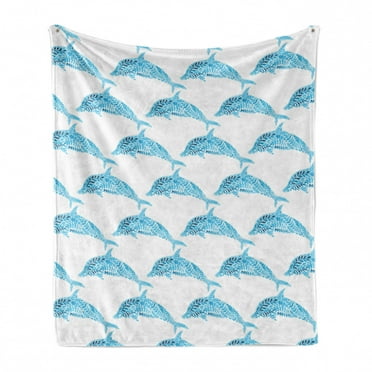 Sea Animals Soft Flannel Fleece Throw Blanket, Aquatic Dolphin Leaf Ornamentals Abstract Artwork Playful Fish, Cozy Plush for Indoor and Outdoor Use, 50" x 60", Blue White, by Ambesonne