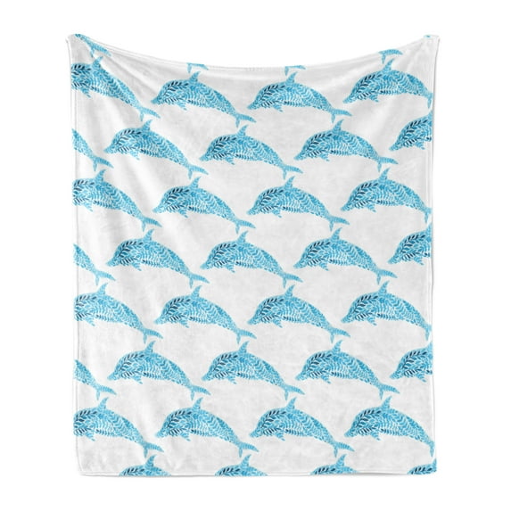 Sea Animals Soft Flannel Fleece Throw Blanket, Aquatic Dolphin Leaf Ornamentals Abstract Artwork Playful Fish, Cozy Plush for Indoor and Outdoor Use, 70" x 90", Blue White, by Ambesonne