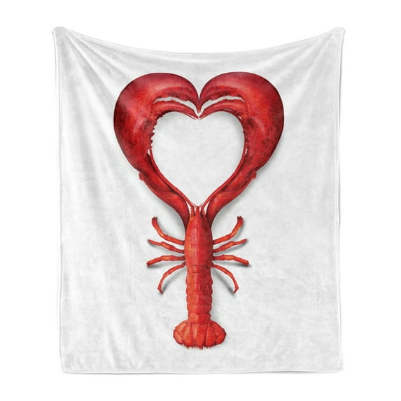 Sea Animals Soft Flannel Fleece Throw Blanket, Boiled Lobster Shapeds Heart Fish Dinner Seafood Love Restaurant Menurt, Cozy Plush for Indoor and Outdoor Use, 60" x 80", Red, by Ambesonne