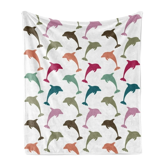 Sea Animals Soft Flannel Fleece Throw Blanket, Colorful Dolphin on White Background Ocean Marine Animal Illustration, Cozy Plush for Indoor and Outdoor Use, 60" x 80", Multicolor, by Ambesonne