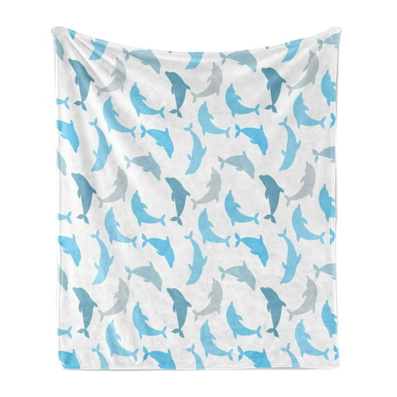 Sea Animals Soft Flannel Fleece Throw Blanket, Dolphin Fish Underwater Ocean Marine Natural Life Delphinoid Art, Cozy Plush for Indoor and Outdoor Use, 50" x 70", White Blue Grey, by Ambesonne