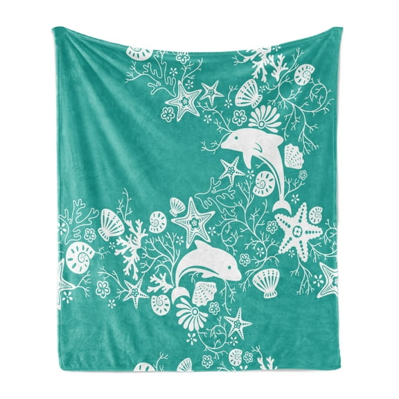 Sea Animals Soft Flannel Fleece Throw Blanket, Dolphins Flowers Sea Floral Pattern Starfish Coral Seashell Composition, Cozy Plush for Indoor and Outdoor Use, 50" x 70", Sea Green White, by Ambesonne