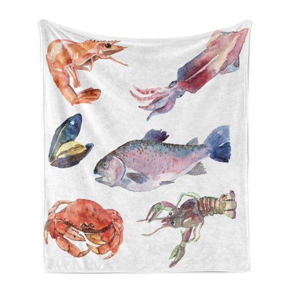 Sea Animals Soft Flannel Fleece Throw Blanket, Food Illustration Shrimp Mussel Fish Crab Watercolor Painting Effect, Cozy Plush for Indoor and Outdoor Use, 70" x 90", Mustard Navy, by Ambesonne