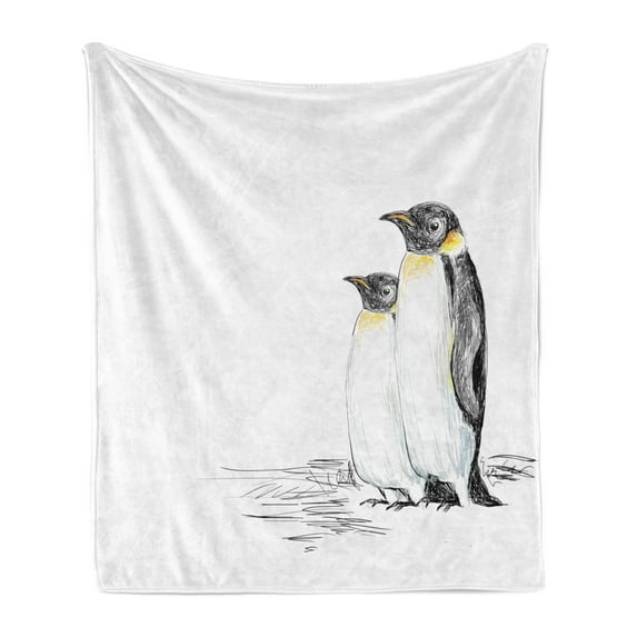 Sea Animals Soft Flannel Fleece Throw Blanket, Hand Drawn Art Penguins Aquatic Flightless Birds Polar South Pole Wildlife, Cozy Plush for Indoor and Outdoor Use, 70" x 90", Black White, by Ambesonne