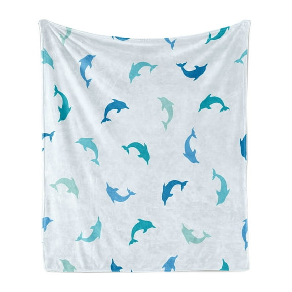 Sea Animals Soft Flannel Fleece Throw Blanket, Leaping and Playing Dolphin Aquatic Life Animal Marine Theme, Cozy Plush for Indoor and Outdoor Use, 70" x 90", Turquoise Blue Navy, by Ambesonne