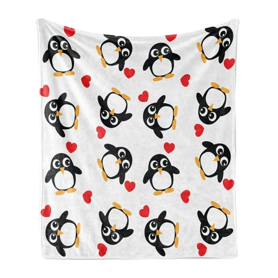 Sea Animals Soft Flannel Fleece Throw Blanket, Penguins with Heart Shapes Romantic Valentines Day, Cozy Plush for Indoor and Outdoor Use, 60" x 80", Mustard White Black, by Ambesonne