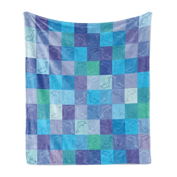 Sea Animals Soft Flannel Fleece Throw Blanket, Playful Dolphin in Mosaic of Colored Squares Underwater Life Theme, Cozy Plush for Indoor and Outdoor Use, 50" x 70", Multicolor, by Ambesonne