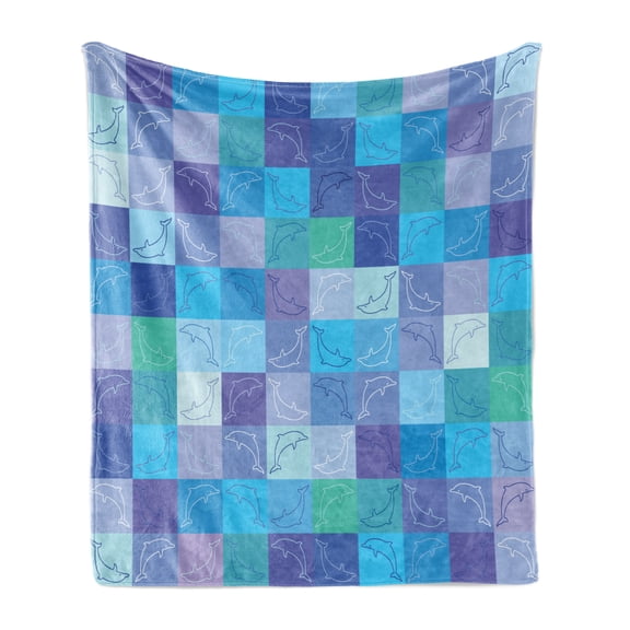 Sea Animals Soft Flannel Fleece Throw Blanket, Playful Dolphin in Mosaic of Colored Squares Underwater Life Theme, Cozy Plush for Indoor and Outdoor Use, 50" x 70", Multicolor, by Ambesonne