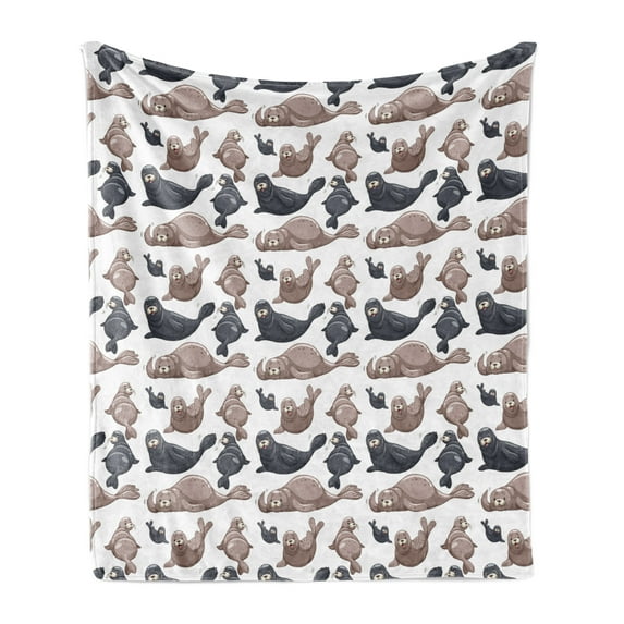 Sea Animals Soft Flannel Fleece Throw Blanket, Seals Illustration Sea Lion Exotic Tropical Comic Graphic Wild Ocean, Cozy Plush for Indoor and Outdoor Use, 50" x 60", Cadet Blue Mauve, by Ambesonne