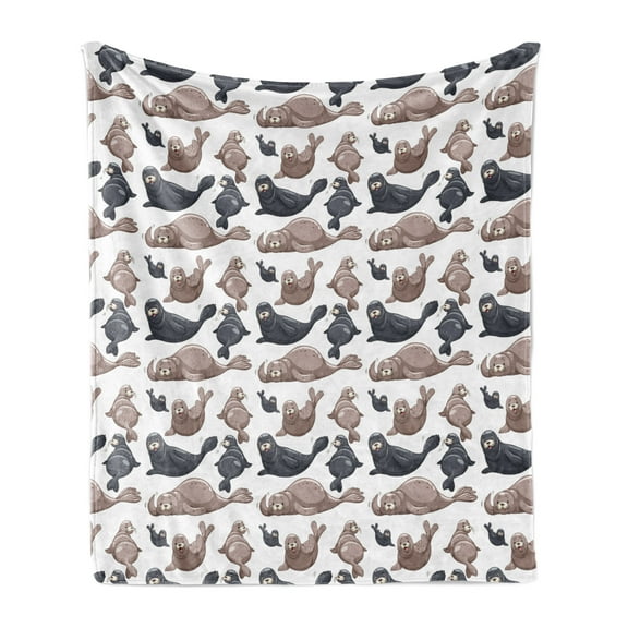 Sea Animals Soft Flannel Fleece Throw Blanket, Seals Illustration Sea Lion Exotic Tropical Comic Graphic Wild Ocean, Cozy Plush for Indoor and Outdoor Use, 50" x 70", Cadet Blue Mauve, by Ambesonne
