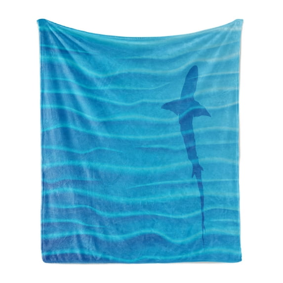 Sea Animals Soft Flannel Fleece Throw Blanket, Shark Silhouette in Water Waves Shadow Danger Summertime Marine Life Artwork Print, Cozy Plush for Indoor and Outdoor Use, 60" x 80", Blue, by Ambesonne