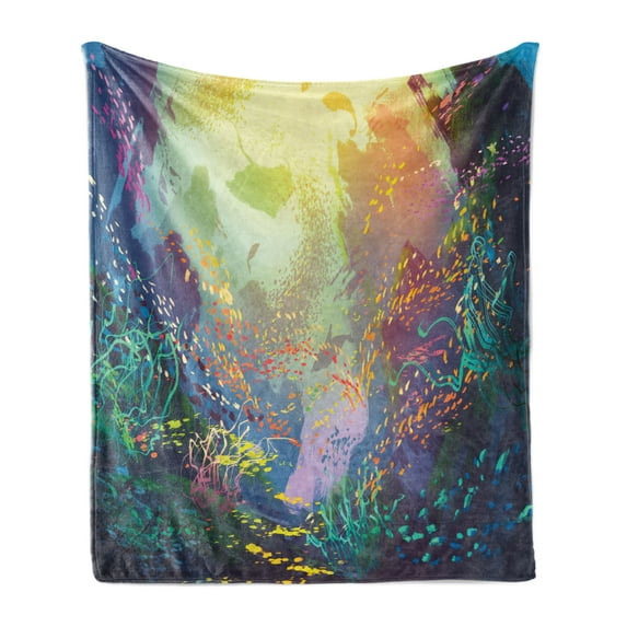 Sea Animals Soft Flannel Fleece Throw Blanket, Underwater with Coral Reef and Colorful Fish Aquarium Print, Cozy Plush for Indoor and Outdoor Use, 50" x 60", Turquoise Yellow Pink, by Ambesonne