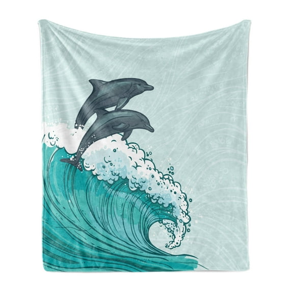 Sea Animals Soft Flannel Fleece Throw Blanket, Waves Flowing Water Sketch Sea Ocean and 2 Dolphins Summertime, Cozy Plush for Indoor and Outdoor Use, 70" x 90", Charcoal Grey Mint Teal, by Ambesonne