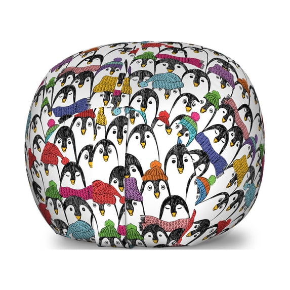 Sea Animals Storage Toy Bag Chair, Pattern Penguins in Colorful Hats and Scarfs Cold Winter Fun Art, Stuffed Animal Organizer Washable Bag, Small Size, Multicolor, by Ambesonne