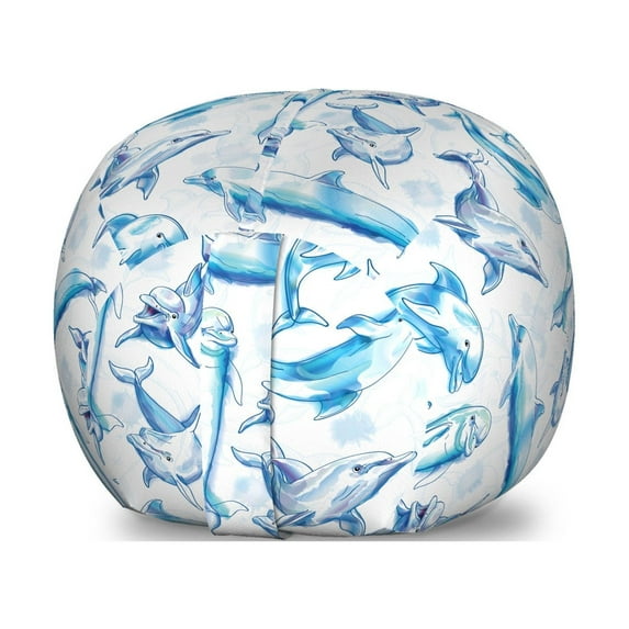 Sea Animals Storage Toy Bag Chair, Sketch of Bottlenose Dolphins Playing Laughing in the Ocean Sea Life Print, Stuffed Animal Organizer Washable Bag, Large Size, Turquoise White, by Ambesonne