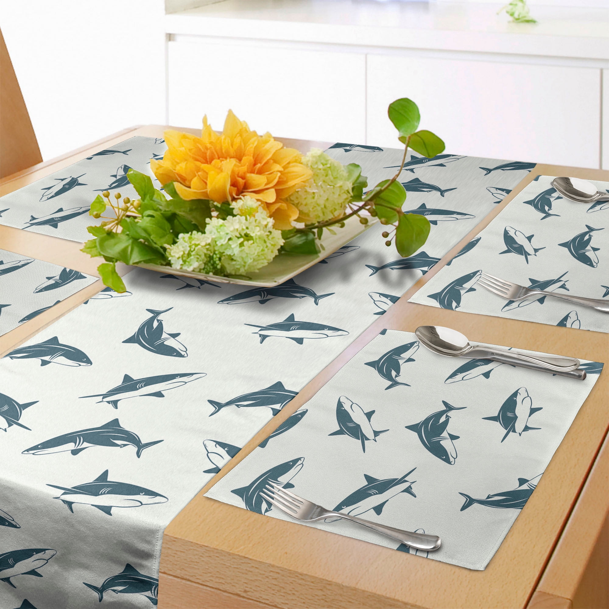 Sea Animals Table Runner & Placemats, Repeated Cartoon Sharks Swimming
