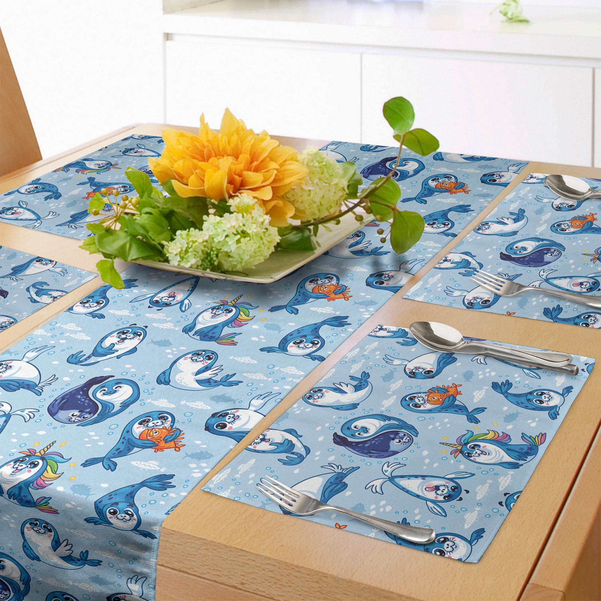 Sea Animals Table Runner & Placemats, Seal Pup Aquatic Wildlife