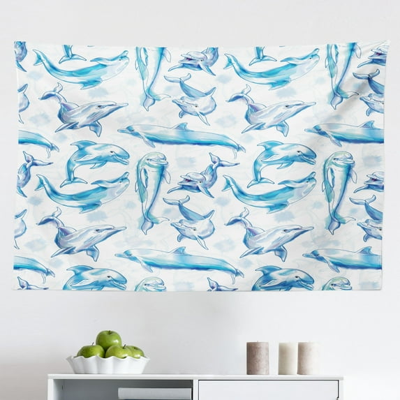 Sea Animals Tapestry, Bottlenose Dolphin in The Ocean Fish Sunlight in Marine Natural Underwater, Fabric Wall Hanging Decor for Bedroom Living Room Dorm, 2 Sizes, Blue Grey, by Ambesonne