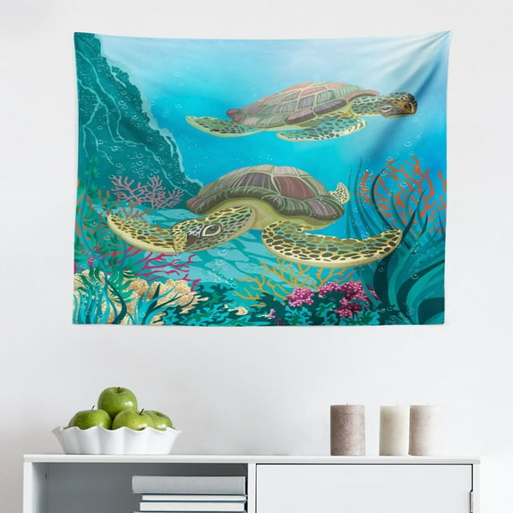 Sea Animals Tapestry, Dolphin Fish Pattern Silhouette Under The Sea Waves in Contemporary Design, Fabric Wall Hanging Decor for Bedroom Living Room Dorm, 2 Sizes, Blue and Grey, by Ambesonne
