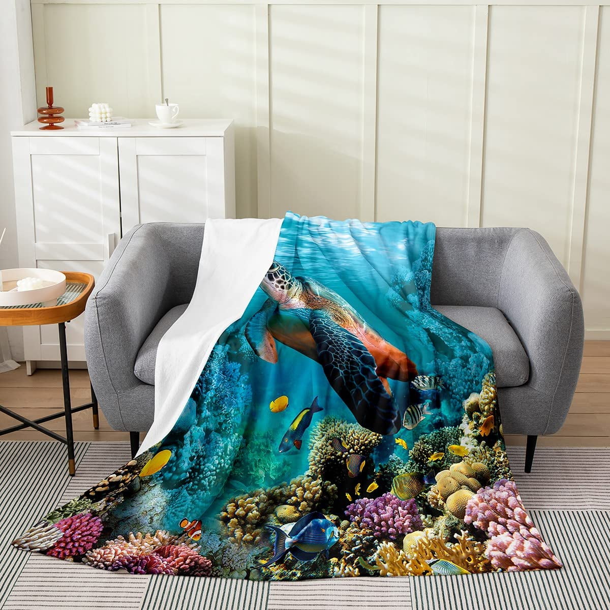 Sea Animals Theme Throw Blanket Shell and Fish Flannel Blanket King
