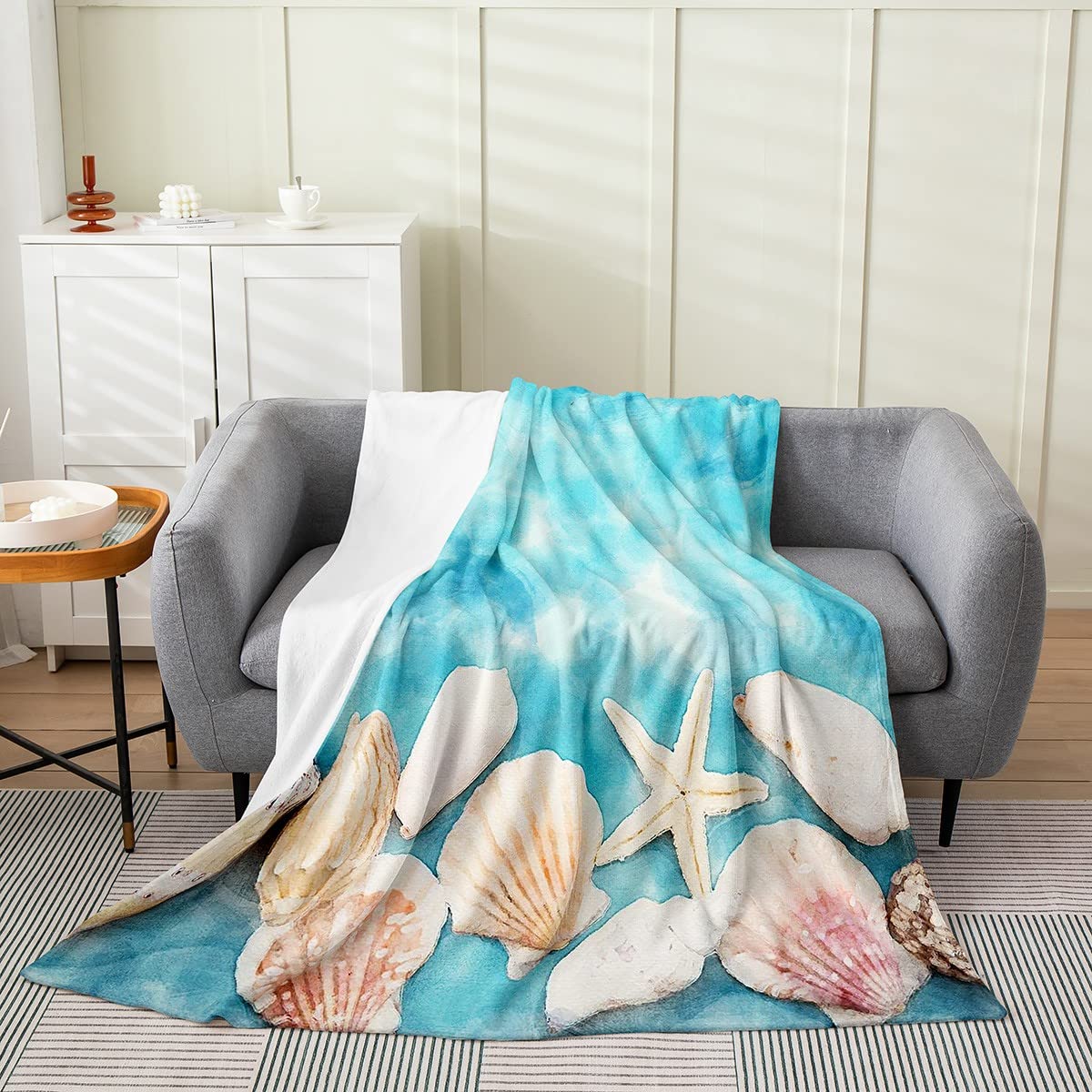 Sea Animals Theme Throw Blanket Shell and Fish King Size for Living