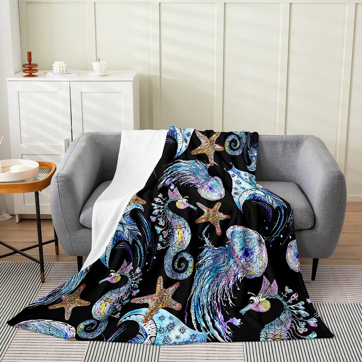Sea Animals Theme Throw Blanket Shell and Fish King Size for Living