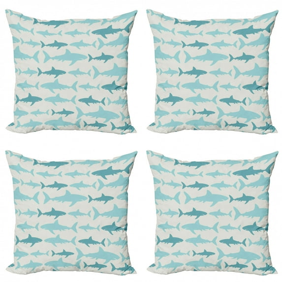 Ambesonne Ocean Throw Pillow Cover 4 Pack, Swimming Sharks in Sea, 24", Turquoise Beige Teal