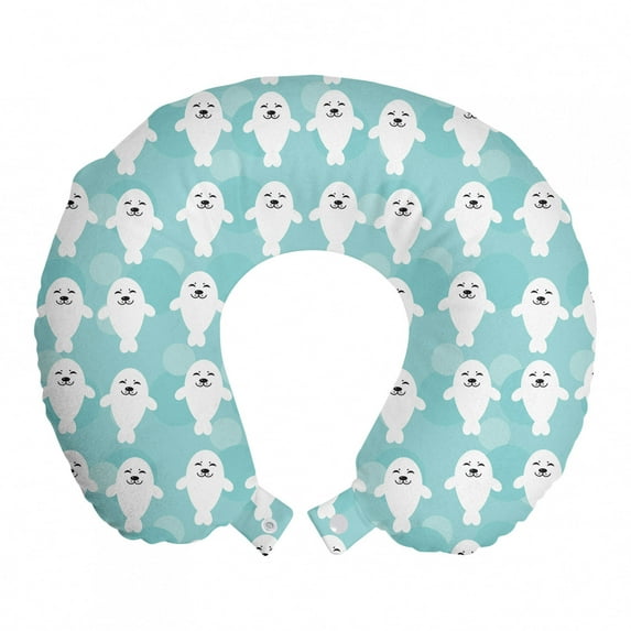 Sea Animals Travel Pillow Neck Rest, Baby Seals with Faces Children Smiling Cheerful Kids Theme, Memory Foam Traveling Accessory Airplane and Car, 12", Turquoise Pale Blue, by Ambesonne