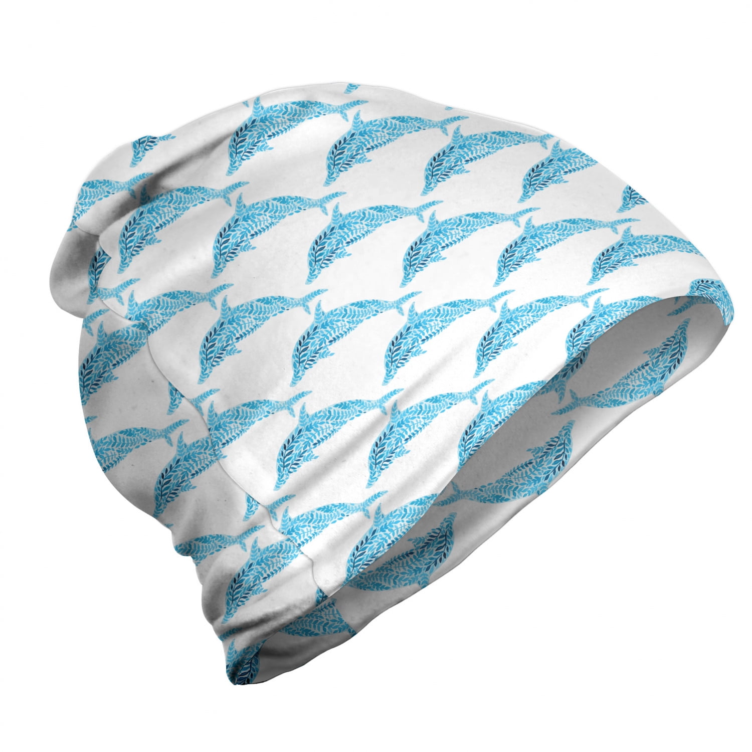 Sea Animals Unisex Beanie, Aqua Dolphins Leaves, Hiking Outdoors, Blue White, by Ambesonne