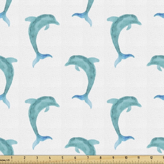 Ambesonne Aqua Fabric by the Yard Upholstery, Jumping Dolphin Mammals, 3 Yards, Aqua White