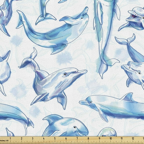 Sea Animals Upholstery Fabric by the Yard, Sketch of Bottlenose Dolphins Playing Laughing in the Ocean Sea Life Print, Decorative Fabric for DIY and Home Accents, 1 Yard, Turquoise White by Ambesonne