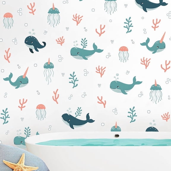 Sea Animals Wall Sticker Set Ocean Theme Decorative Adhesive Wall Decals Waterproof Peel and Stick Mural Art Home Decor Living Room Bedroom Furniture Refrigerator Door Decoration