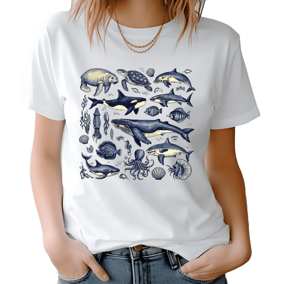 Sea Animals Women's Short Sleeve Graphic T-Shirt 1 Pcs Tee 100% Heavy Cotton - Comfortable Crew Neck, Soft Tees Casual Tops