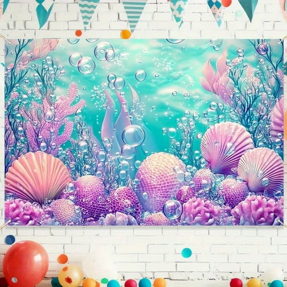 Under The Sea Baby Shower Backdrop Ocean Pastel Purple Coral Reefs Seashell Photography Background Teal Seaweed Glitter Bubbles Underwater Birthday Party Decorations Banner Photo Booth Props