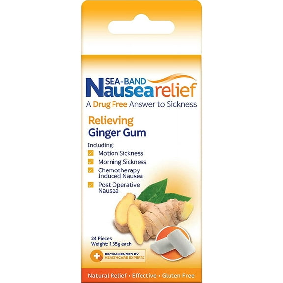 Sea-Band Anti-Nausea Ginger Gum For Motion & Pregnancy Morning Sickness, 24 Count