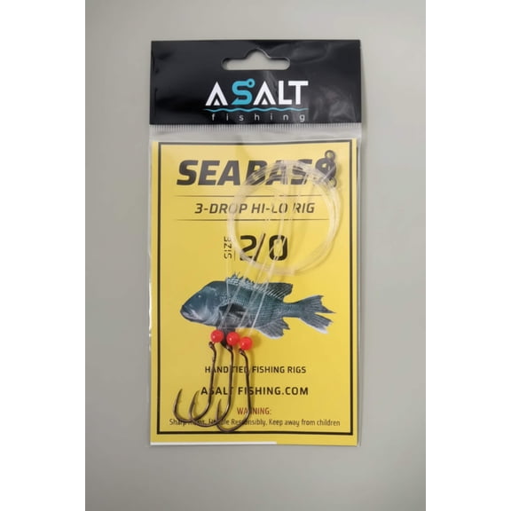 Sea Bass Fishing Rigs 3-Drop Hi-Lo Size 2/0 Baitholder Hooks