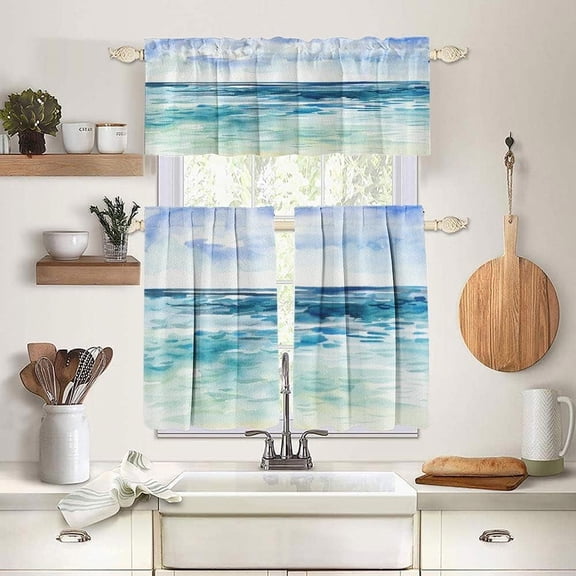 Sea and Beach Beautiful Beach Kitchen Curtain Set for Small Window Curtains Half Window Treatments Tier Curtains Short Valance for Living Roomrod Pocket Windows Curtain Set 3 Panels