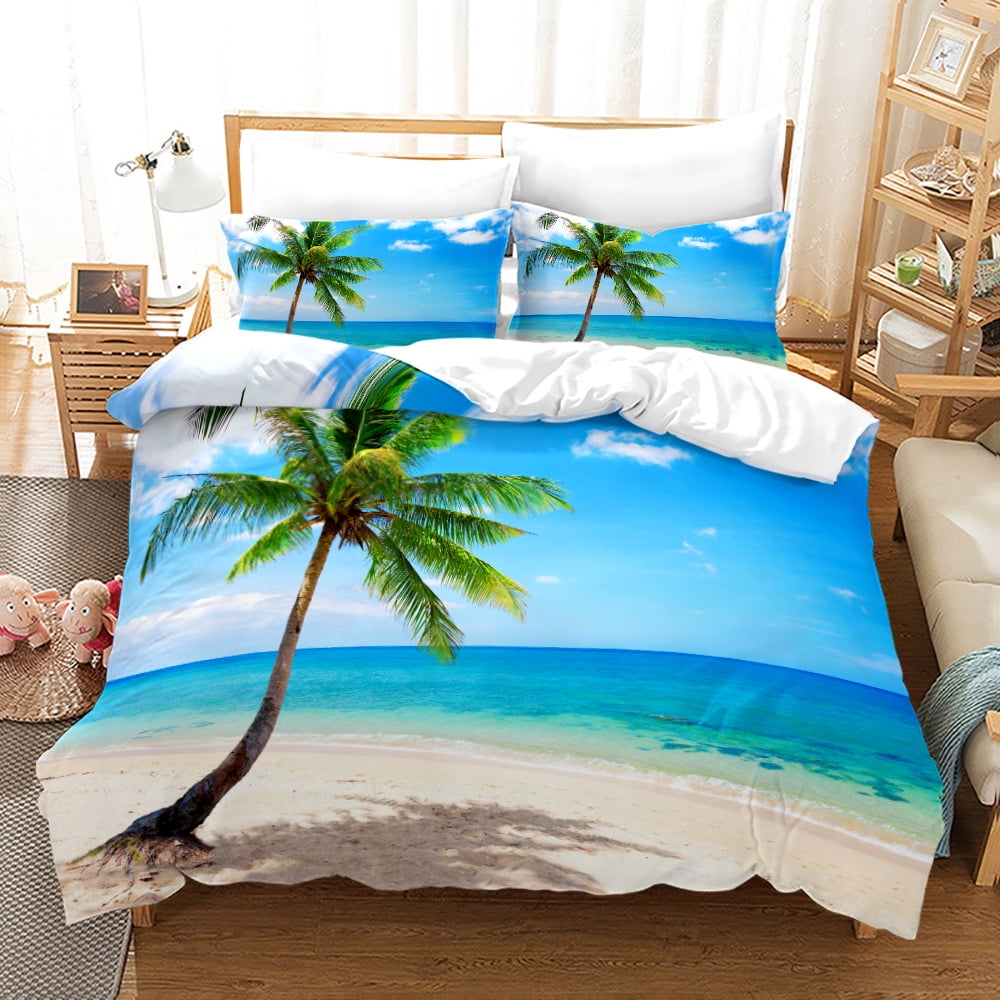 Sea Beach Bedding Set Palm Tree Quilt Cover for Adults Kids Boys Girls