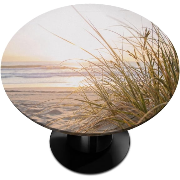 Sea Beach Grass Round Tablecloth with Elastic Edged, Beach Fitted Table Cover Wipeable Round Table Cloth for Indoor Outdoor Use Fits Tables up to 40-44 inch Diameter