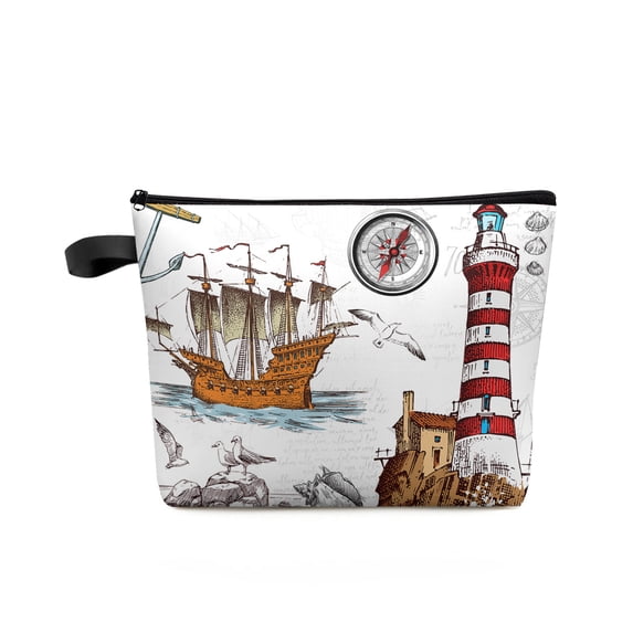 Sea Beach Lighthouse Seagull Waterproof Travel Cosmetic Storage Bag Portable Makeup Bag Large Capacity Toiletry Organizer Pouch