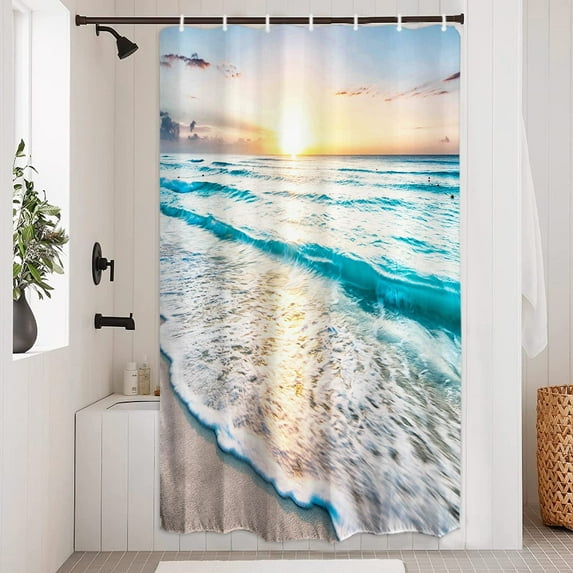 Sea Beach Ocean Waves Shower Curtain with Hooks, Stall Small Island Hawaiian Sunrise Beach Theme Waterproof Fabric Shower Curtain, 36" W x 72" H