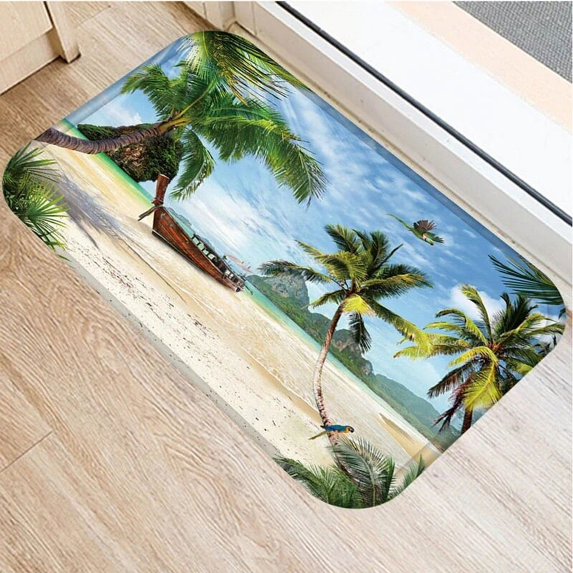 Sea Beach Scenic Pattern Anti-Slip Suede Carpet Door Mat Doormat Outdoor Kitchen Living Room Floor Mat Rug