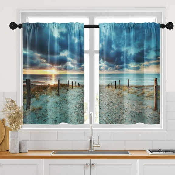 Sea Beach Summer Kitchen Curtains, Sun Blue Sunset Short Window Curtains Set of 2, Window Treatment Tier Curtains for Kitchen Over Sink Bathroom Dining Room Decor (26x36 Inch)