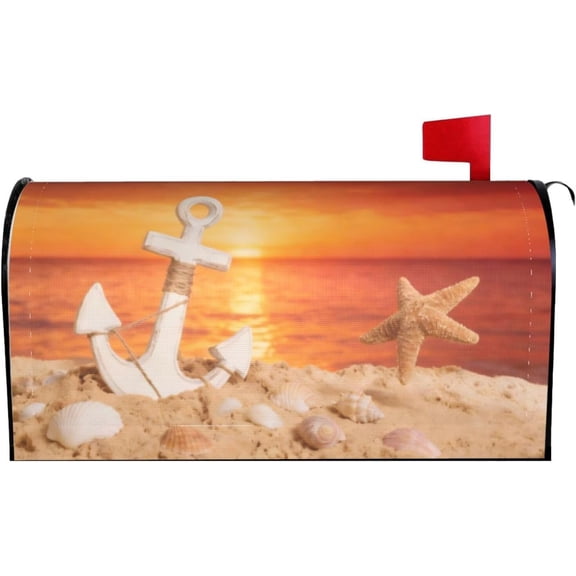 Sea Beach Sunset Nautical Anchor Mailbox Cover Magnetic Summer Shells Starfish Waterproof Mailbox Wraps Post Letter Box Decor 21x18 in
