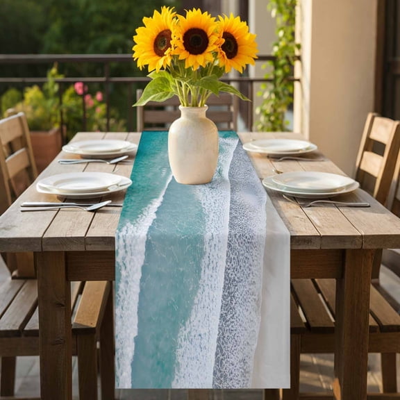 Sea Beach Teal Gradient Waves Table Runner 36 Inches Long,Kitchen Dining Tablerunners Summer Seaside Ocean Style Linen Table Runners Dresser Scarves for Home Dinner Wedding Holiday Party Decor